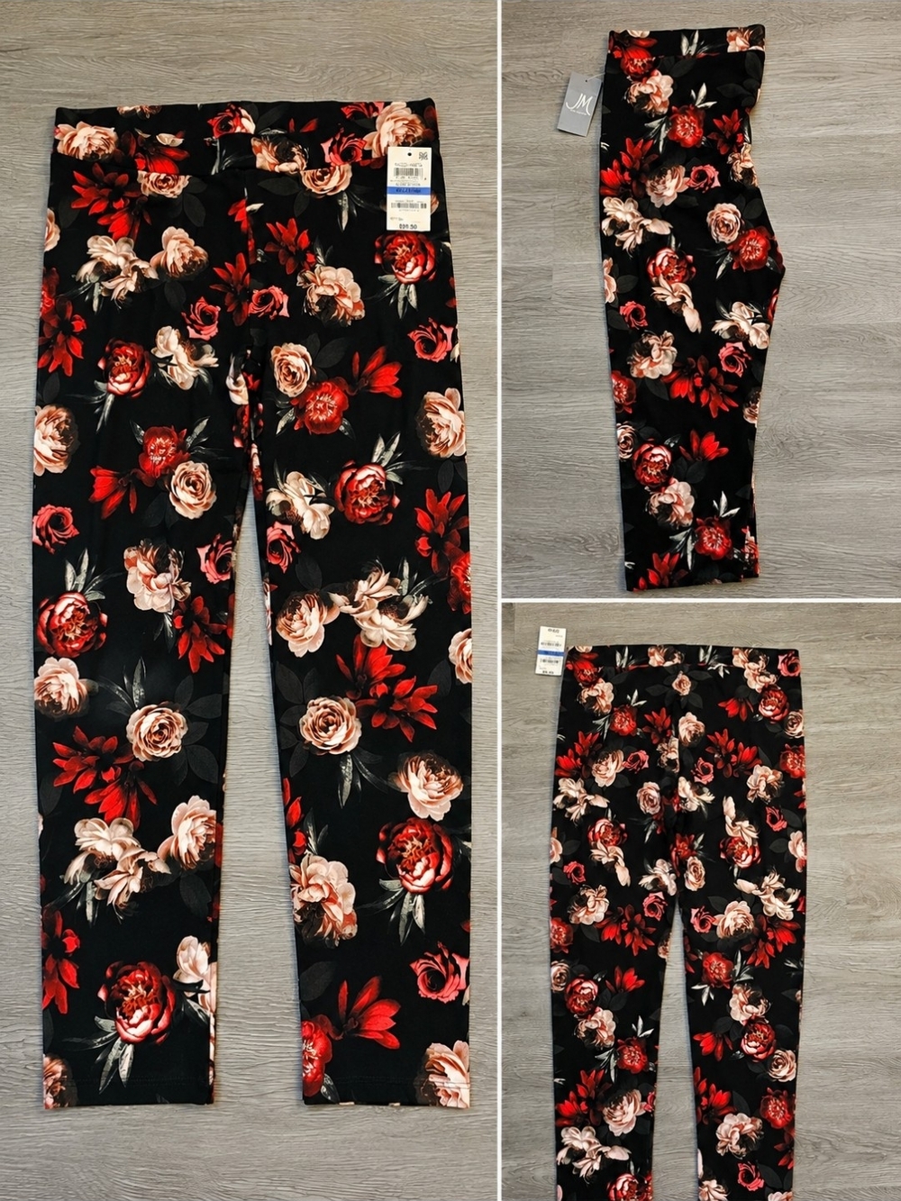 Black Floral Leggings with Red & Cream Roses